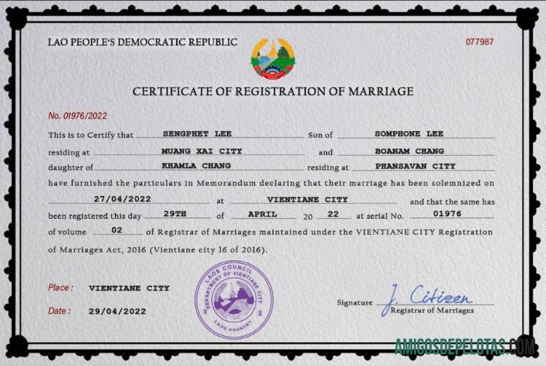 Em branco modelo PSD de certidão de casamento do Laos